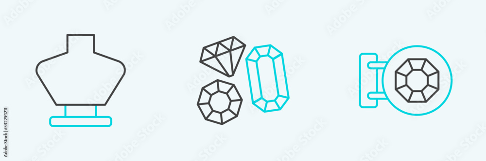Set line Jewelry store, Necklace on mannequin and Gem stone icon. Vector Set line Jewelry store, Necklace on mannequin and Gem stone icon. Vector