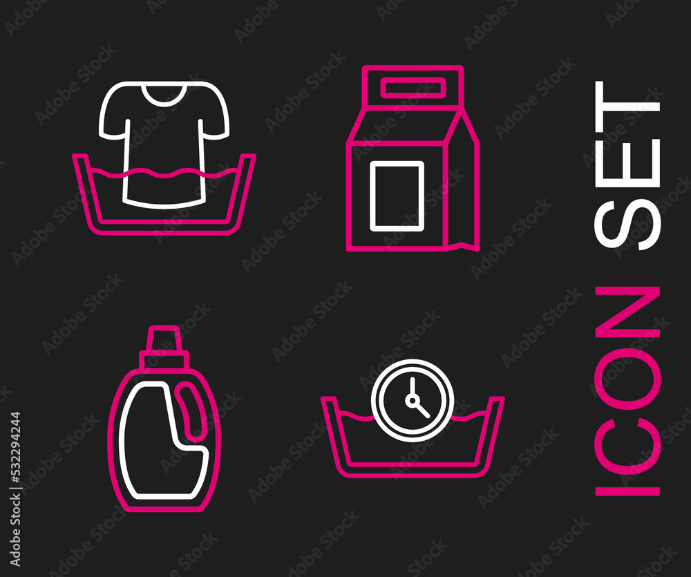 Set line Time wash, Bottle for cleaning agent, Laundry detergent and Basin with shirt icon. Vector Set line Time wash, Bottle for cleaning agent, Laundry detergent and Basin with shirt icon. Vector