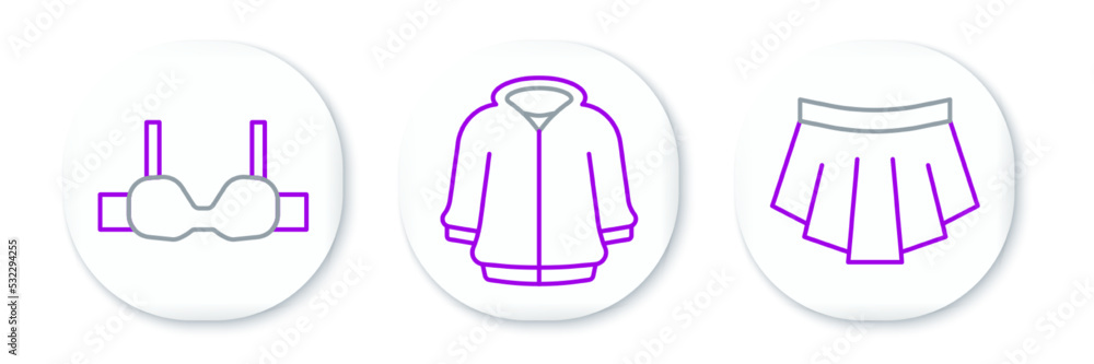 Set line Skirt, Bra and Hoodie icon. Vector Set line Skirt, Bra and Hoodie icon. Vector