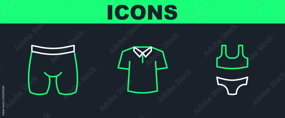 Set line Swimsuit, Cycling shorts and Shirt icon. Vector Set line Swimsuit, Cycling shorts and Shirt icon. Vector