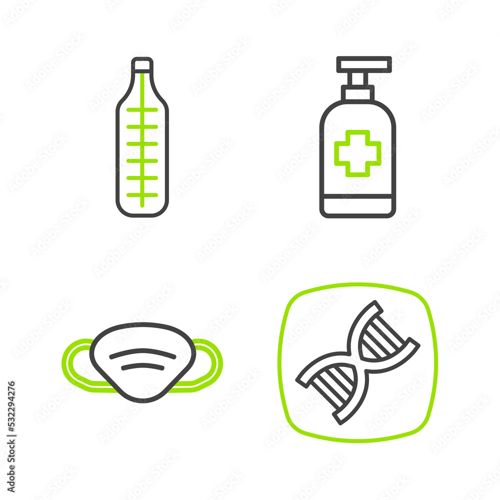 Obraz premium Set line DNA symbol, Medical protective mask, Antibacterial soap and thermometer icon. Vector