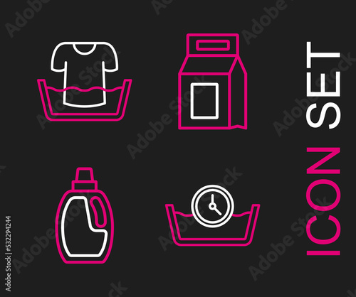 Set line Time wash, Bottle for cleaning agent, Laundry detergent and Basin with shirt icon. Vector