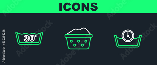 Set line Time wash, Temperature and Basin with soap suds icon. Vector