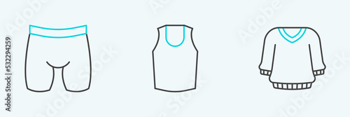 Set line Sweater, Cycling shorts and Undershirt icon. Vector
