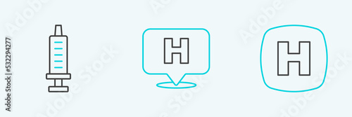 Set line Hospital signboard, Syringe and Location hospital icon. Vector