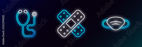 Set line Medical protective mask, Stethoscope and Crossed bandage plaster icon. Glowing neon. Vector