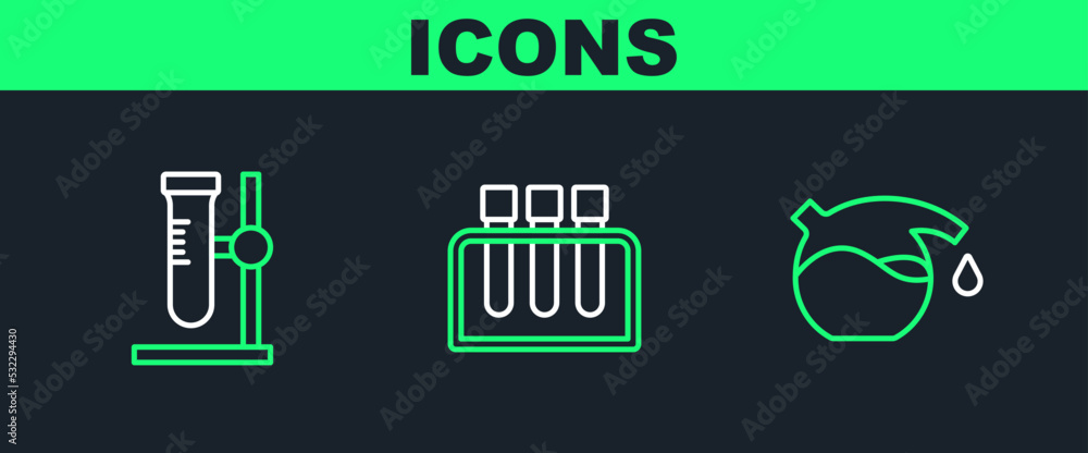 Set line Test tube, flask on stand and icon. Vector Set line Test tube, flask on stand and icon. Vector