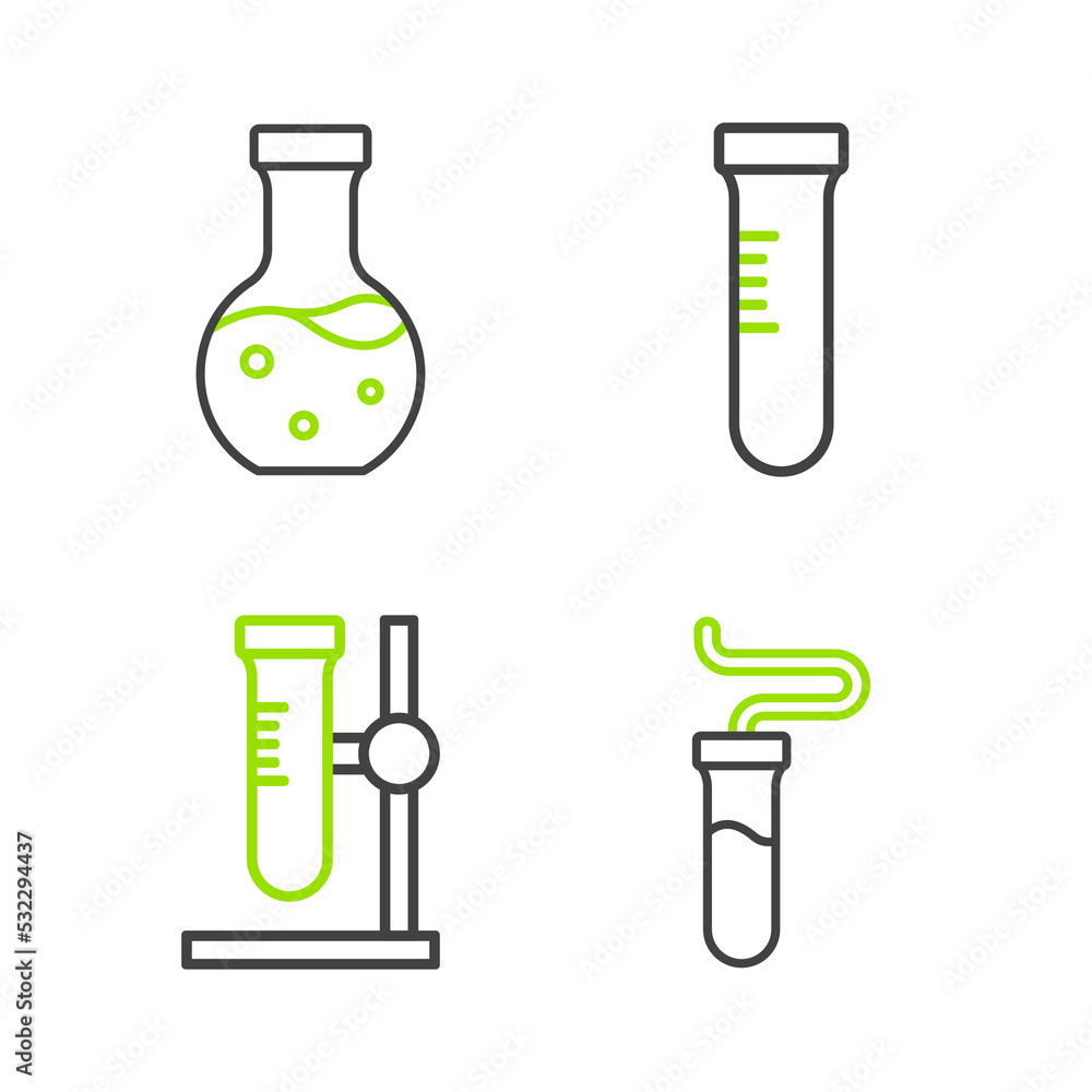 Set line Test tube, flask on stand, and icon. Vector Set line Test tube, flask on stand, and icon. Vector