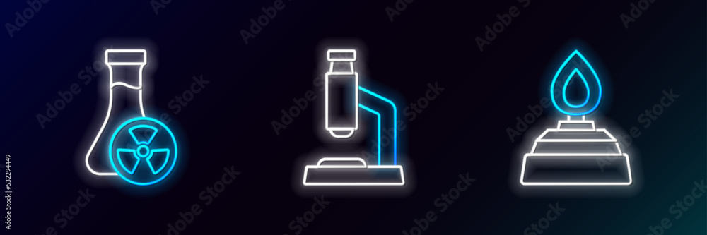 Set line Alcohol or spirit burner, Test tube with toxic liquid and Microscope icon. Glowing neon. Vector Set line Alcohol or spirit burner, Test tube with toxic liquid and Microscope icon. Glowing neon. Vector