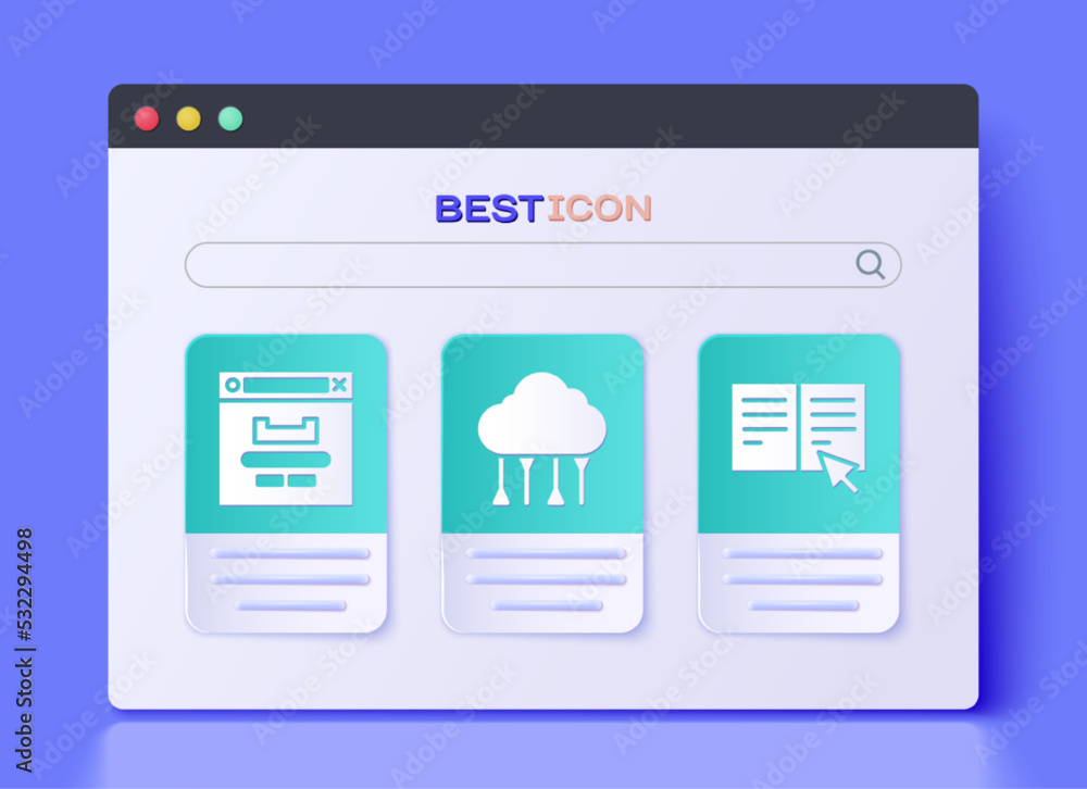 Set Network cloud connection, Browser window and Online book icon. Vector Set Network cloud connection, Browser window and Online book icon. Vector