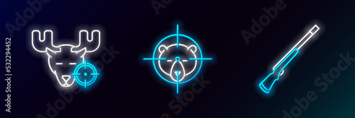Set line Hunting gun, on moose with crosshairs and bear icon. Glowing neon. Vector