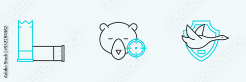 Set line Flying duck on shield, Cartridges and Hunt bear with crosshairs icon. Vector