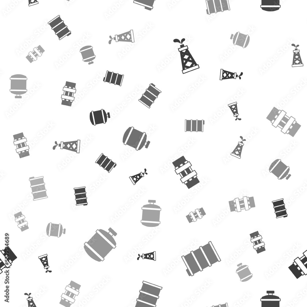 Fototapeta premium Set Oil rig, Barrel oil, Metallic pipes and valve and Propane gas tank on seamless pattern. Vector