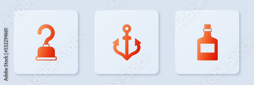 Set Anchor, Pirate hook and Alcohol drink Rum. White square button. Vector