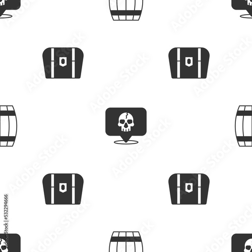 Set Wooden barrel, Skull and Antique treasure chest on seamless pattern. Vector