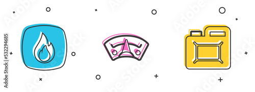 Set Fire flame, Motor gas gauge and Canister for motor oil icon. Vector