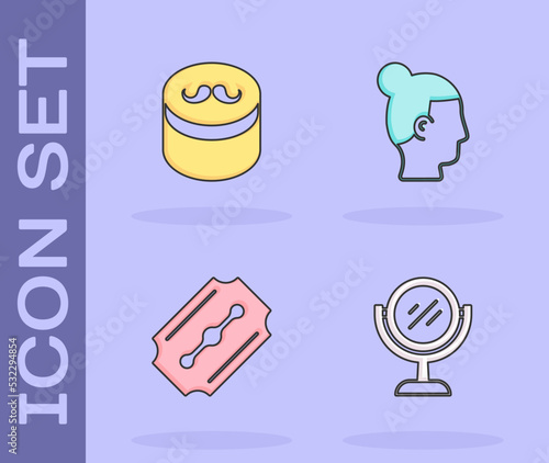 Set Hand mirror, Gel wax for hair styling, Blade razor and Hairstyle men icon. Vector