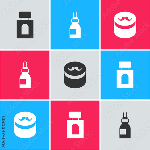 Set Aftershave, Oil bottle and Gel or wax for hair styling icon. Vector