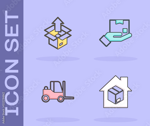 Set Home delivery services, Unboxing, Forklift truck and Delivery hand with icon. Vector