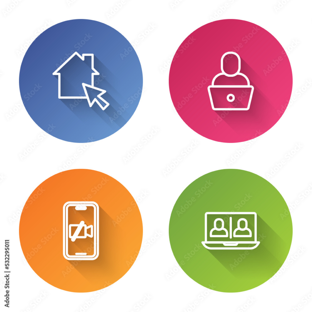 Set line Online working, Freelancer, Video camera Off on mobile and chat conference. Color circle button. Vector Set line Online working, Freelancer, Video camera Off on mobile and chat conference. Color circle button. Vector