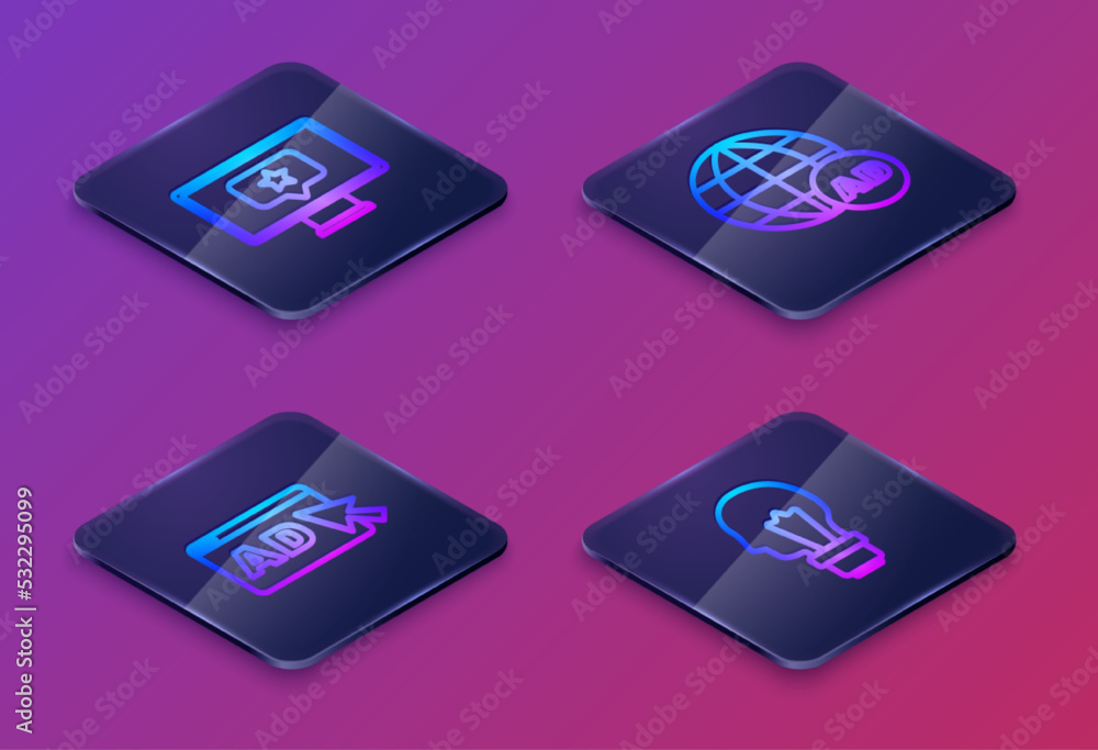 Set Isometric line Monitor with star, Advertising, and Light bulb concept of idea. Blue square button. Vector Set Isometric line Monitor with star, Advertising, and Light bulb concept of idea. Blue square button. Vector