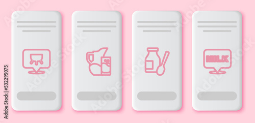 Set line Udder, Milk jug or pitcher and glass, Drinking yogurt in bottle and Lettering milk. White rectangle button. Vector