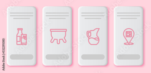 Set line Bottle milk and glass, Udder, Milk jug or pitcher and Cheese. White rectangle button. Vector