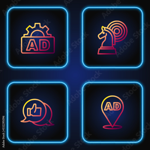 Set line Advertising, Customer product rating, and Chess. Gradient color icons. Vector