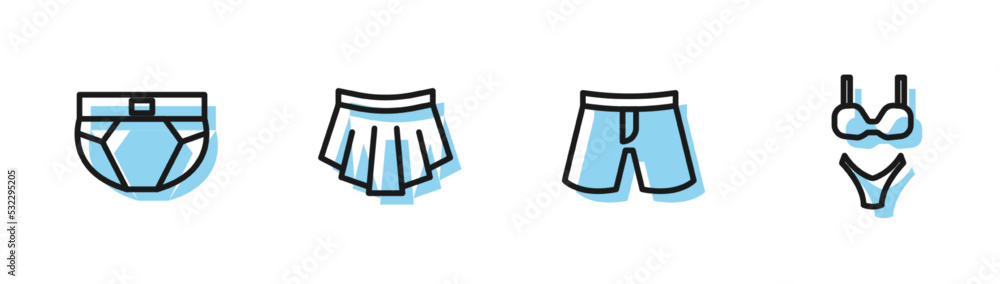 Set line Short or pants, Men underpants, Skirt and Swimsuit icon. Vector Set line Short or pants, Men underpants, Skirt and Swimsuit icon. Vector