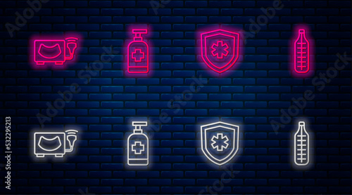Set line Antibacterial soap, Life insurance, Ultrasound and Medical thermometer. Glowing neon icon on brick wall. Vector