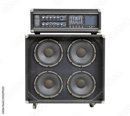 Retro vintage bass amplifier and speaker box isolated. photo