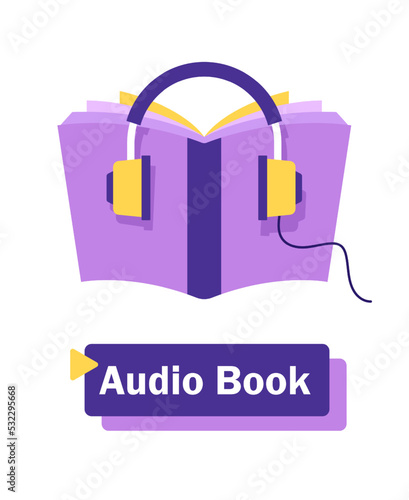 Audiobooks and online learning concept represented by book and headphone icon. Colorfull and flat illustration