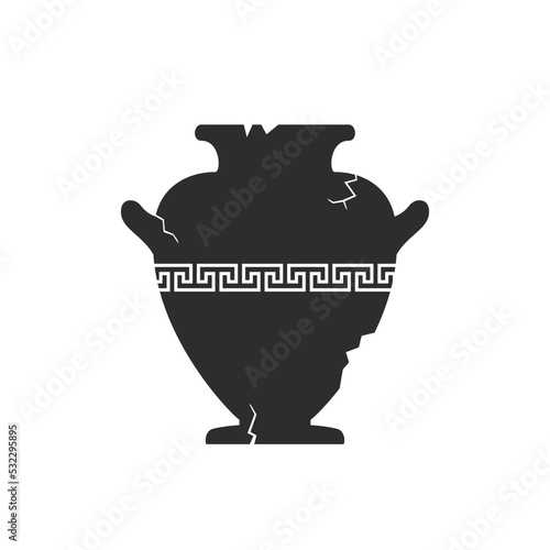 Broken amphorae silhouette. Cracked ancient greek vase with meander pattern. Antique ceramic jar or vessel. Old clay pottery. Vector