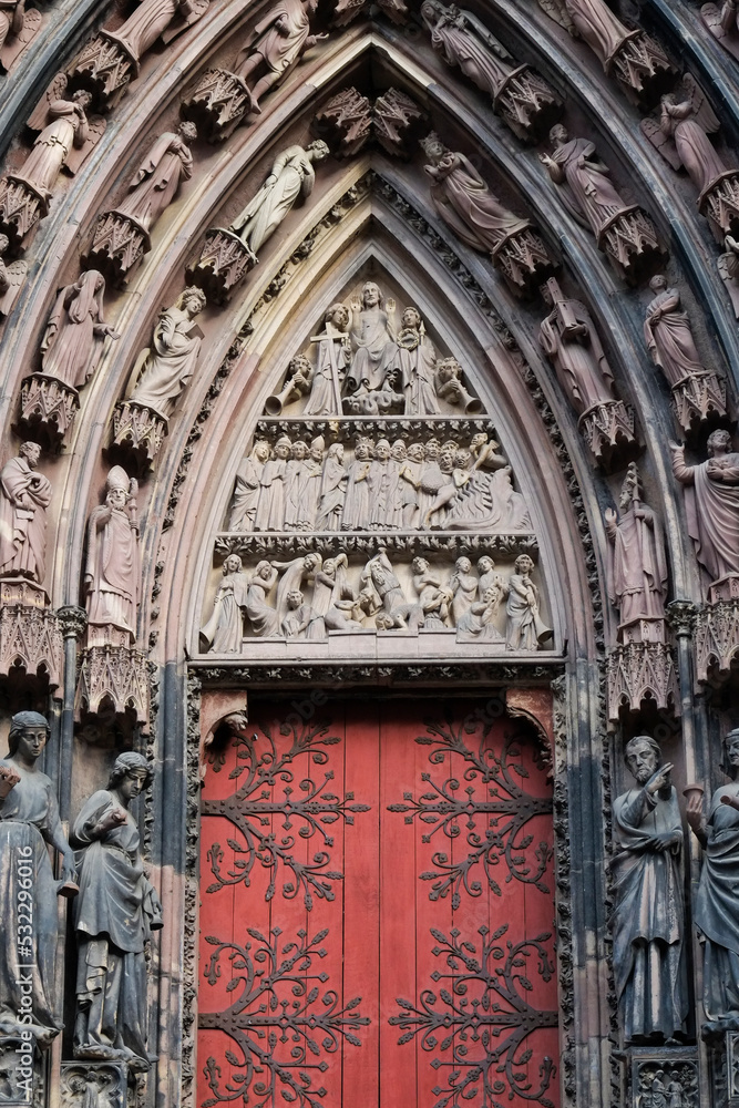 Strasbourg, France. Cathedral of Notre Dame, first version of the church was built in 1015 with little of the original Romanesque architecture remaining after a fire.