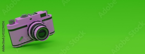 3d illustration, photo camera, green background, copy space, 3d rendering.