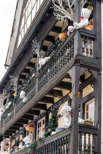 Strasbourg, France. Example of half-timber architecture from the medieval era. Building is decorated with Christmas.