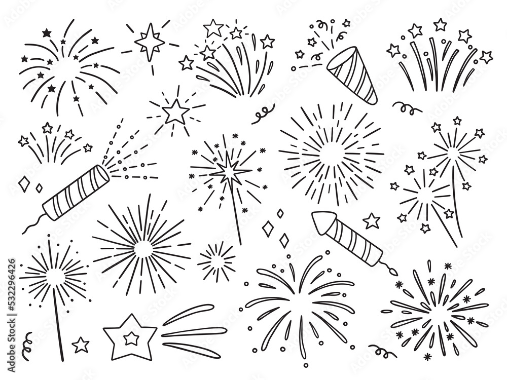 Obraz premium Hand drawn set of fireworks doodle. Fireckrackers in sketch style. Vector illustration isolated on white background