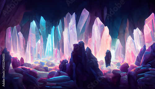 Abstract cave with pink and blue crystals background