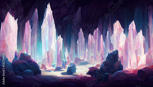 Abstract cave with pink crystals background by ai