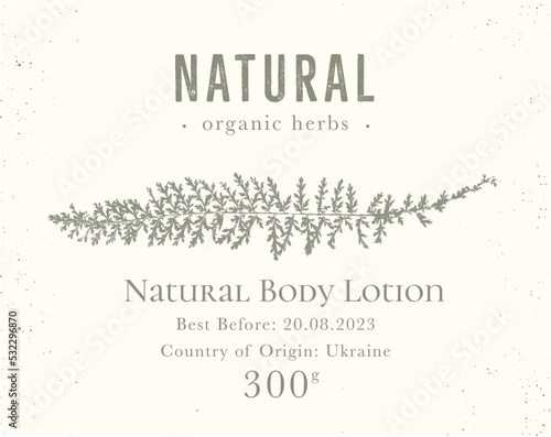 Elegant Label for Natural organic herbal products. Vintage packaging design collection for Cosmetics, Pharmacy, healthy food. Dried leaves, real herbarium