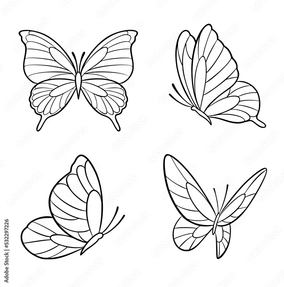 Simple butterfly black and white outline vector SVG line art Stock ...