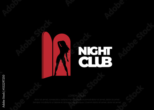 Sexy Girl Silhouette with Red Door for Nightclub or Strip Dancer Logo Design on black background 