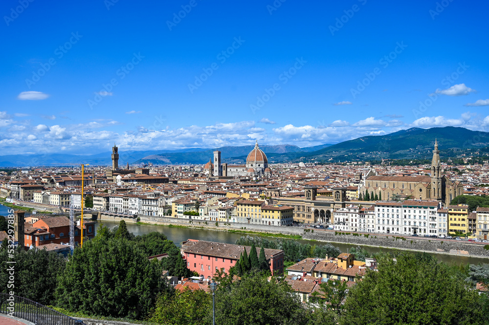 Florence, Italy: Historic buildings in city centre. Popular tourist destination. Panoramic view of old city of Firenze. Florence Cathedral. Santa Maria del Fiore. Firenze.