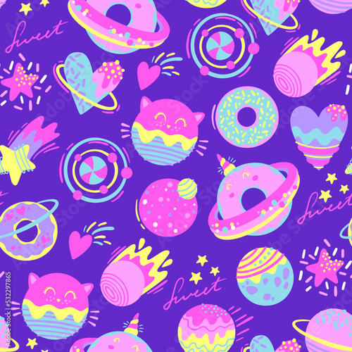             Fashion abstract seamless pattern with space donuts  planet  cosmic elements. Cool background on cute style for  girl