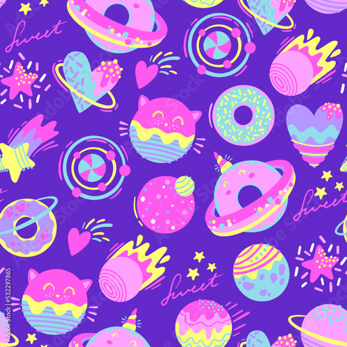ПечатьFashion abstract seamless pattern with space donuts, planet, cosmic elements. Cool background on cute style for  girl