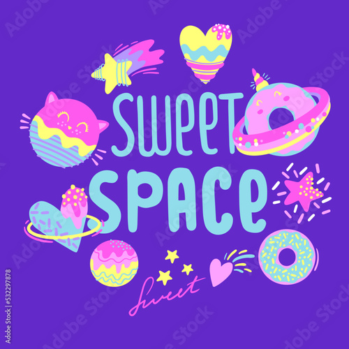 Fashion abstract t-shirt design with space donuts, planet, cosmic elements. Cool background on cute style for girl
