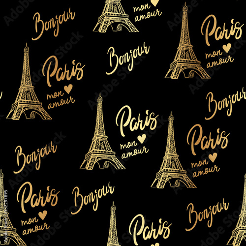 шрифт-1Abstract seamless modern pattern with Eiffel Tower, slogan  and hearts.  Abstract fashion print design. Gold foil