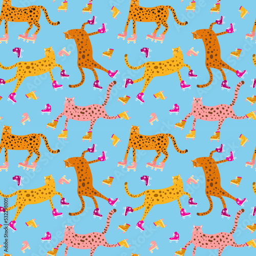 Flat vector cartoon illustration of funny wild animals on a blue background. Seamless vector pattern with cute cheetahs. Childish naive art. Yellow, red, pink cheetahs rollerblading