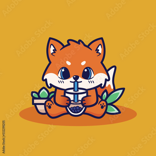 cute fox drinking boba tea cartoon flat illustration