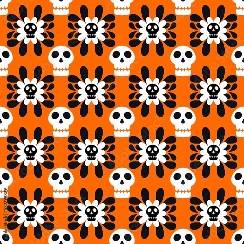 Halloween skulls and flower seamless cartoon pattern for wrapping and clothes print and fabrics and textiles